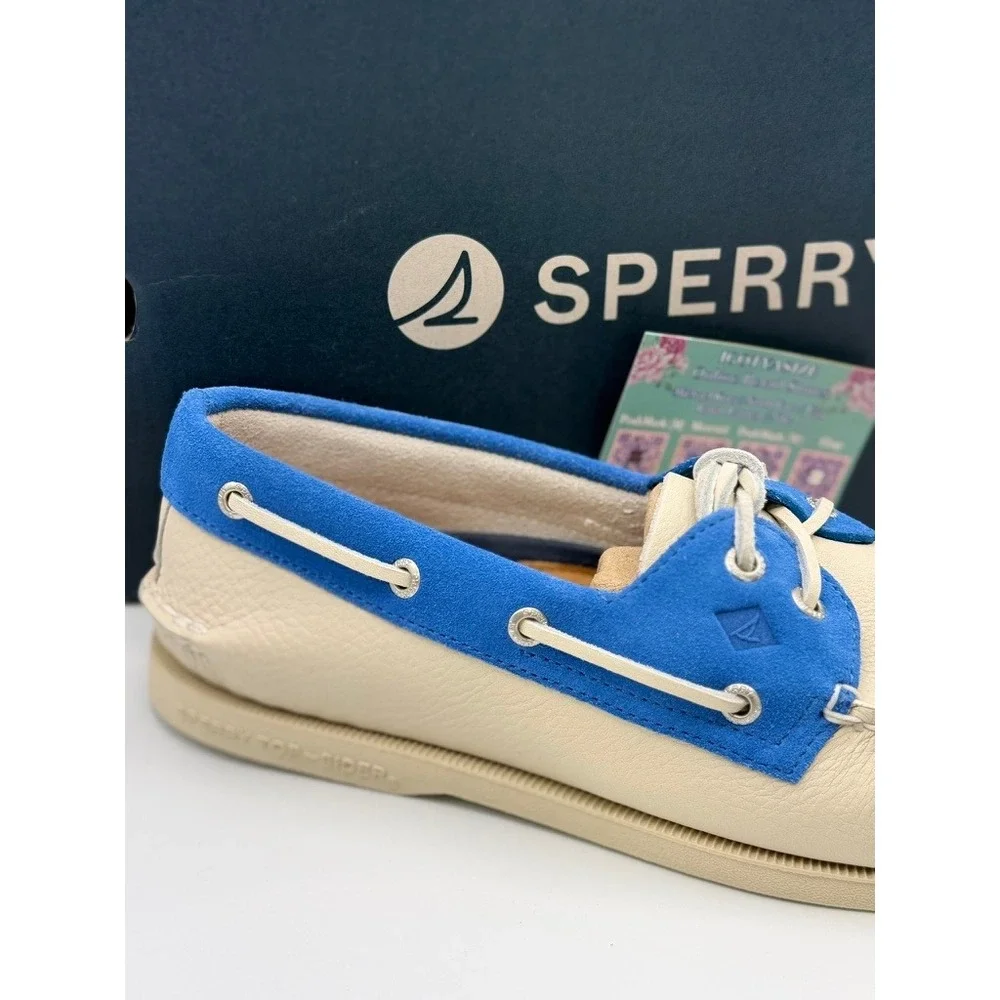 Sperry Top-Sider Authentic‎ Original Mens Cream Blue Leather Suede Boat Shoes
